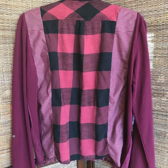 Upcycled Patchwork Flannel Shirt, Size M: Mixed Print Button-Down Magenta Blouse - Picture 8 of 11